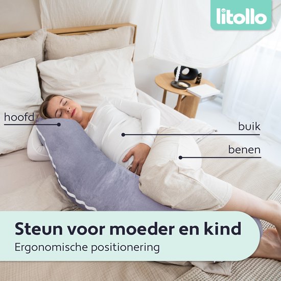Litollo® Schwangerschaftskissen XL – Stillkissen – Körperkissen – Body Pillow – 140 cm – Abnehmbarer Bezug – Grau – Fleece