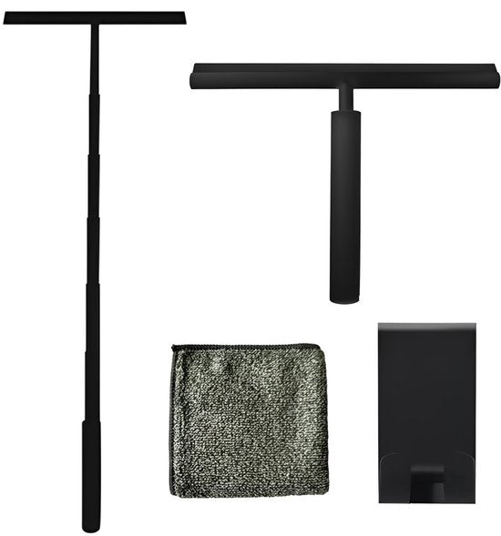 TTD® Duschwischer 2-in-1 mit ausziehbarem langem Stiel - 97 cm - Silikonwischblatt - Ergonomisch - Mit Mikrofasertuch und Aufhängehaken - Duschabzieher - Badezimmer-Bodenwischer - Bodenwischer - Schwarz