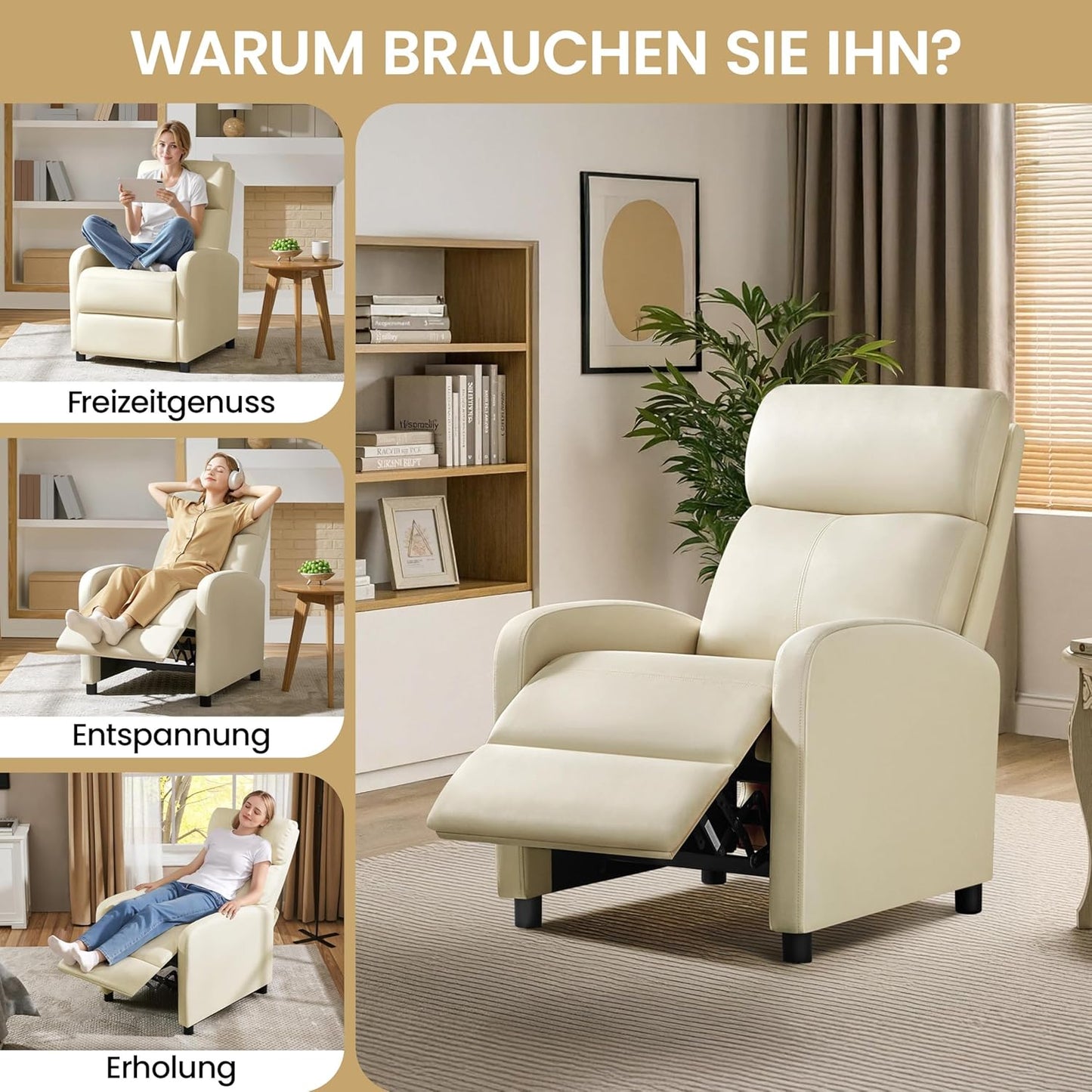 Yaheetech Relaxsessel XL – Verstellbarer Liegesessel mit Fußstütze – Kunstleder, beige – 87 x 61,5 x 99 cm