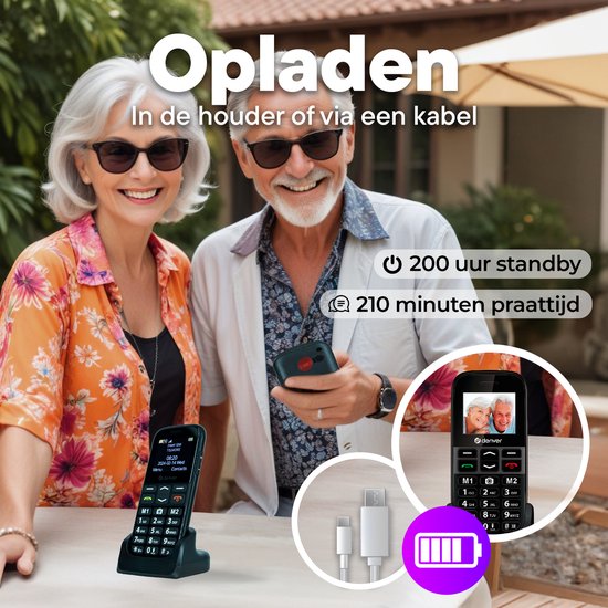 Denver Seniorenhandy 4G - Große Tasten - SOS-Taste - Smartphone-freies Aufwachsen - Ladestation - GSM - Full NL und FR - BAS18600L