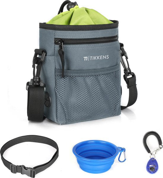 Tikkens Belohnungstasche für Hunde – Mit Clicker und zusammenklappbarem Fressnapf – Wasserdicht und waschbar – 25 x 15 x 3 cm – Grau