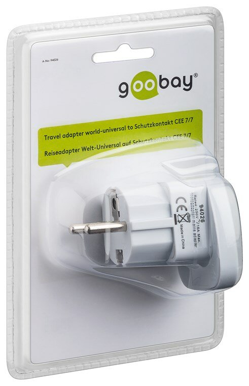 goobay  Reiseadapter „World to EU“, weiß – Typ F auf UK/CH/IT/US/JP – 16 A – 65 x 51 x 51 mm