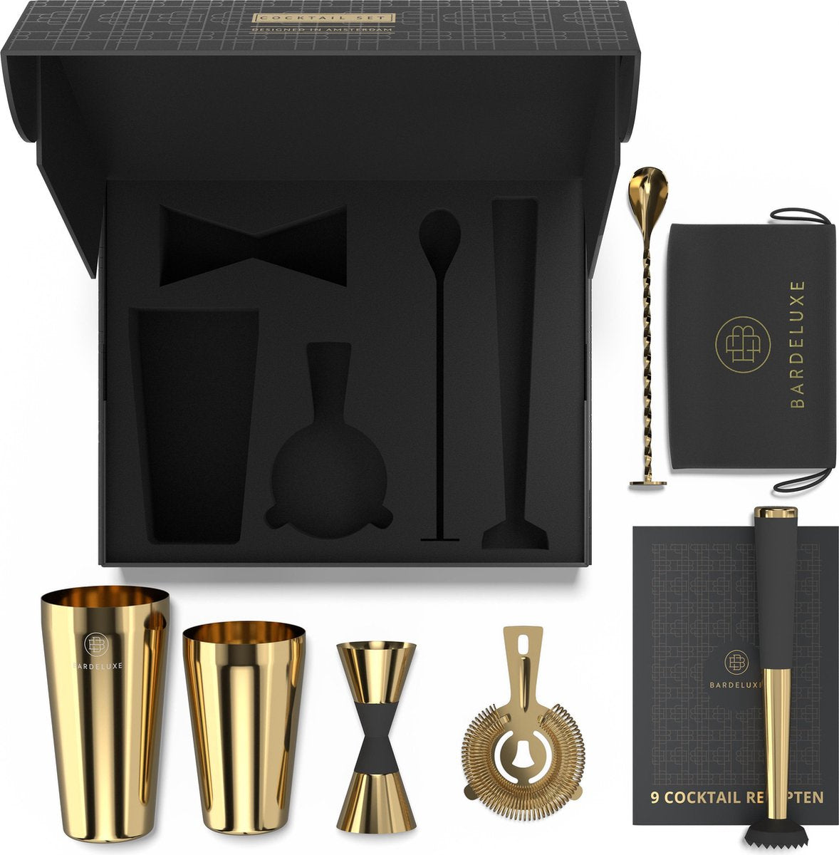 BarDeluxe Cocktail-Set Gold – 5-teilig – Edelstahl – Shaker 750 ml