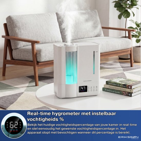 Erikssøn Luftbefeuchter Elite – 8 Liter – Geeignet für Wohnzimmer, Büro, Schlafzimmer, Babyzimmer – Luftbefeuchter – Mit Aromatherapie – Weiß