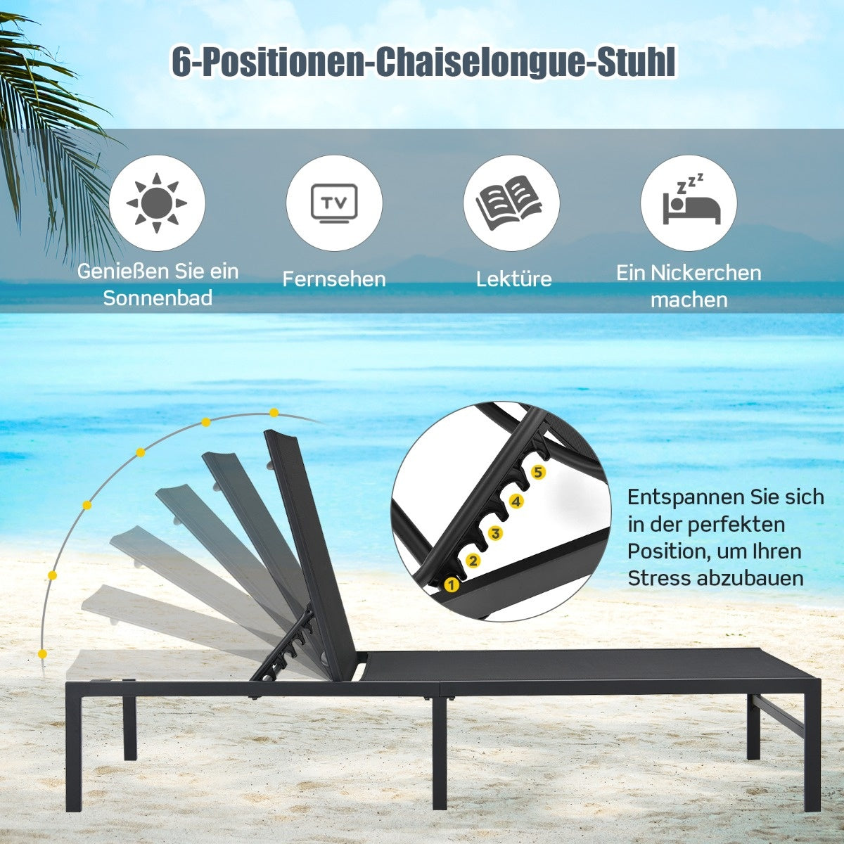 Coast Sun Louner für den Außenbereich verstellbare Liege 64 x 198 x 67 - 103 cm schwarz