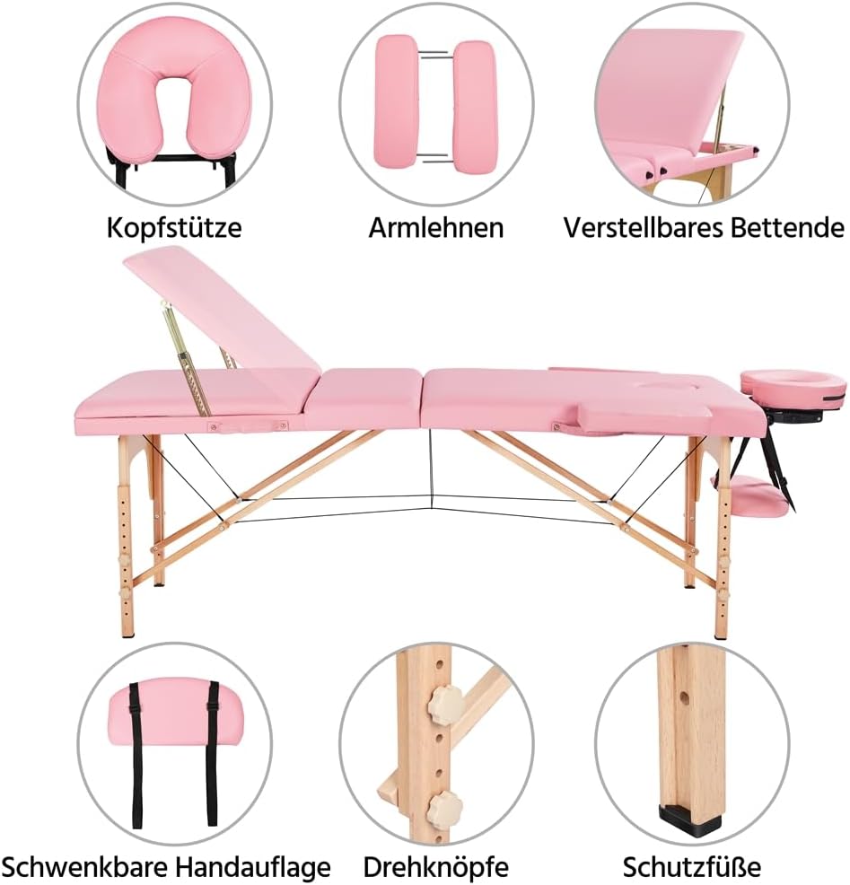 Yaheetech Massagetisch mit 3 Zonen – zusammenklappbar – 213 × 80 cm – Hellrosa