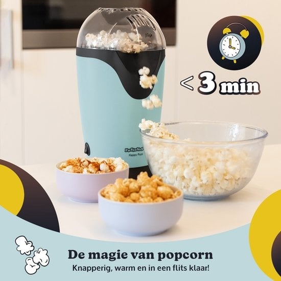 JAP Appliances Happy Pops - Retro-Popcornmaschine (2-3 Personen) 1200W - Inklusive Mess- und Butterschmelzlöffel - Fertig in 3 Minuten - Ã–lfrei - Blau