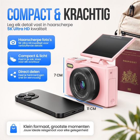Strex Digitalkamera 5K 75 MP – Fotokamera – Kompaktkamera mit WLAN – Vlog-Kamera – Fotokamera für Kinder – 18-facher Zoom – schwenkbares Display – Rosa