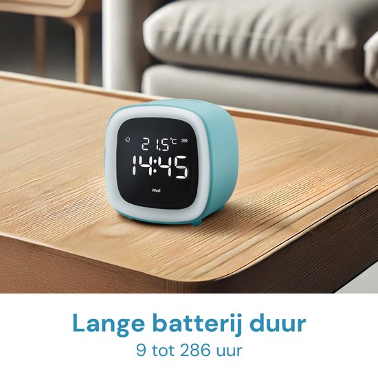 JustAnotherProduct AP18 - Wiederaufladbarer Digitalwecker mit Licht (3 Modi) - Wecker mit Temperatur (15,5°C bis 50°C) - 12/24h Wecker - Nachtlicht - Hellblau