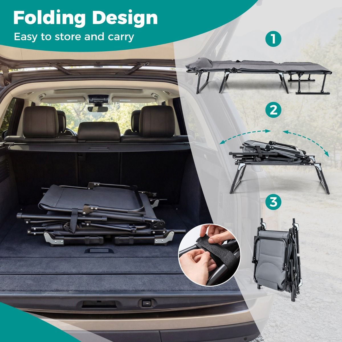 Coast Faltbares Campingbett 3-in-1 – verstellbare Rückenlehne – Kopfstütze – grau und schwarz