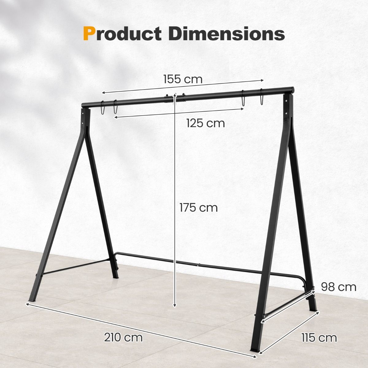 Coast Frame für Swing Bench/Hangchair - 5 Aufhängeringe - Metall Schwarz -210 x 115 x 175 cm - Max 160kg