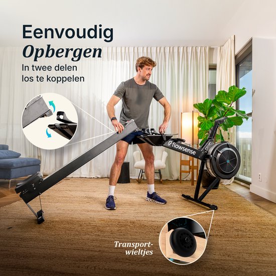 Flowsense Rudertrainer mit Luftwiderstand – Professionelles Rudergerät – 10 Widerstandsstufen – Zusammenklappbar – Ganzkörpertraining – Bluetooth-App & LCD-Monitor – Max. 200 kg – Rudergeräte – Für zu Hause & im Fitnessstudio