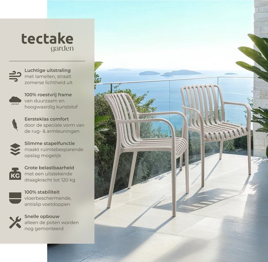 tectake® 4er Set Gartenstühle Alcudia - Taupe - Kunststoffstühle mit Armlehne - Stapelbar - Stühle für Garten, Terrasse oder Balkon - Wetterfest und UV-beständig - Belastbarkeit 120kg pro Gartenstuhl