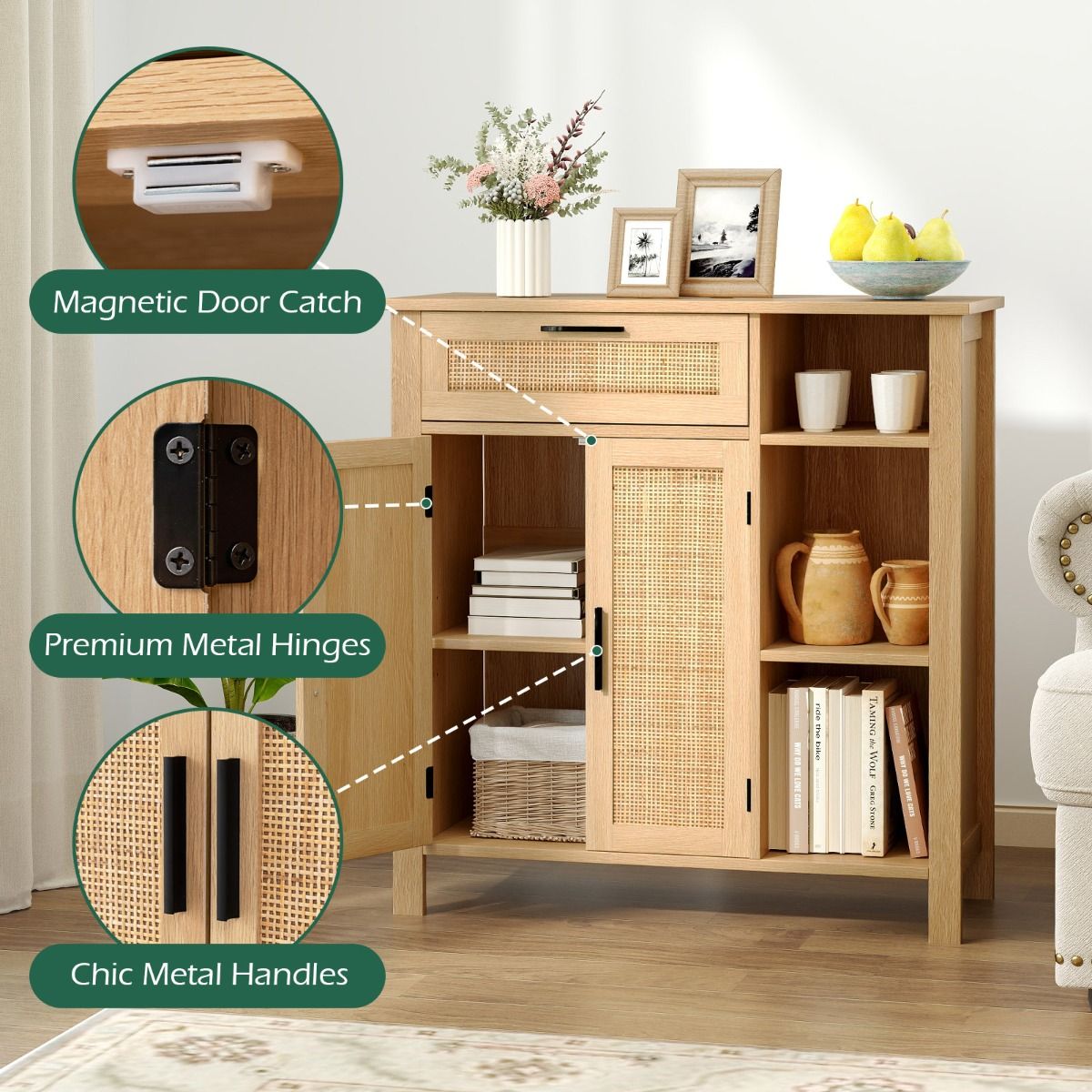 Coast Holzkommode – Türen und Schublade aus Rattan – Verstellbares Regal – Naturfarben 75 x 30 x 80 cm