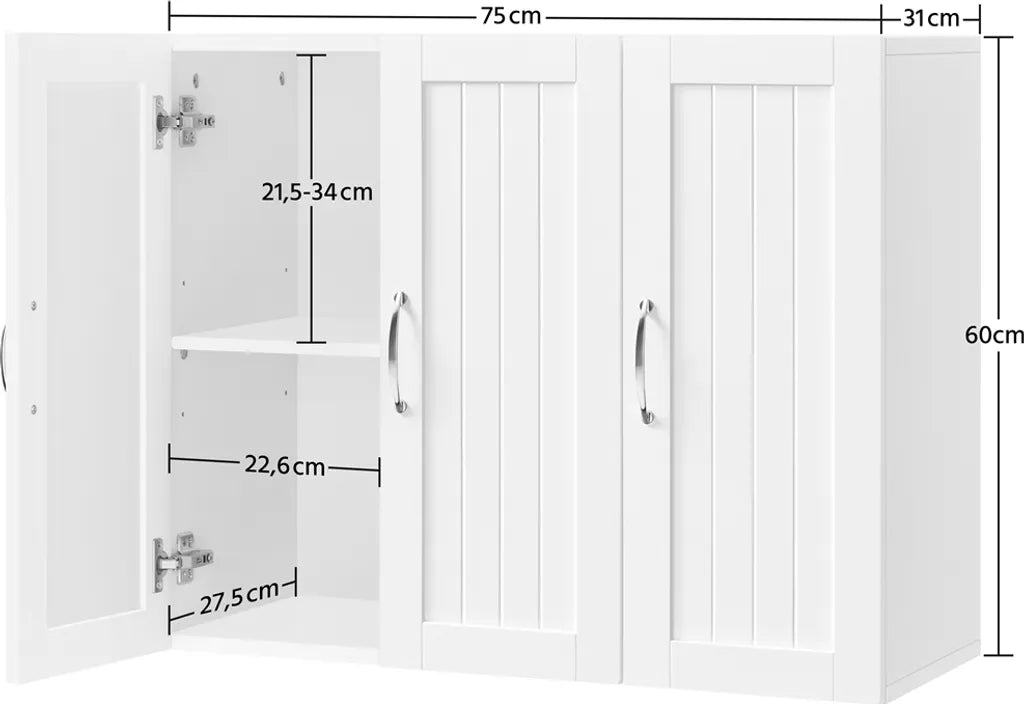 Yaheetech Hängeschrank – 3 Türen – verstellbares Regal – 75 x 31 x 60 cm – Weiß