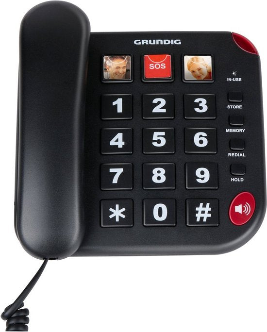 Grundig Seniorentelefon - Haustelefon Senioren große Tasten - Seniorentelefon mit Foto-Hotkeys - Lautsprecher und SOS-Taste - Schwarz