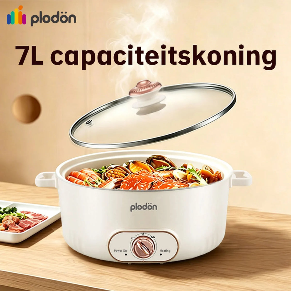 Plodon Elektrischer Hotpot 7 Liter – Multifunktionaler Kochtopf mit Antihaftbeschichtung – 1600 W – Ø 30,5 x 8,5 cm – RHG-70XVv