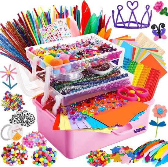 Vaive Bastelkoffer 1432-teilig - Crafting Girls - Perlen, Federn, Pompons & Wackelaugen - Bastelset - Bastelbedarf - Bastelpackungen