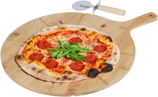 Excellent Houseware Pizzabrett mit Pizzaschneider - Bambus - 38 cm - doppelseitig - Pizzabrett