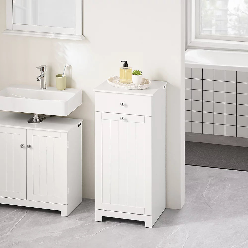 Sobuy Badezimmerschrank mit Wäschekorb – Ausgestattet mit 1 herausnehmbarem Wäschekorb, 1 Tür und 1 Schublade – Für Badezimmer und Waschküche – Weiß lackiertes MDF – 40 x 38 x 90 cm