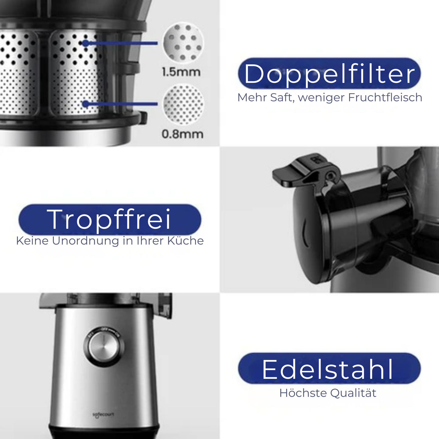 Safecourt Kitchen Entsafter - Für Obst & Gemüse - XXL Einfüllöffnung - Leistungsstarker 200W Motor