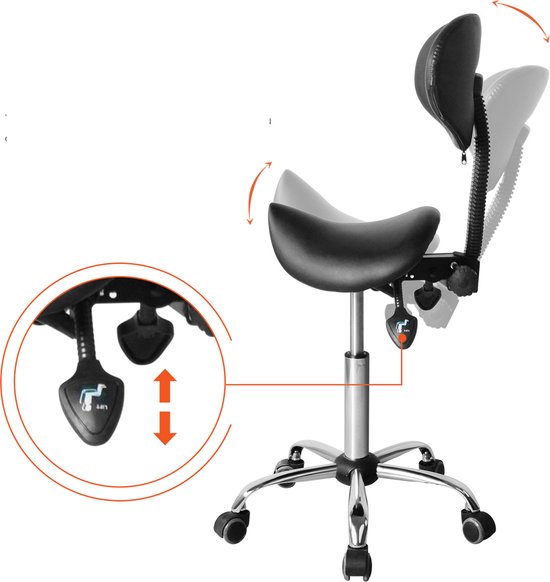 Sattelhocker ergonomische Stuhl - Höhenverstellbar (55 cm bis 73 cm) - Neigbare und verstellbare Rückenlehne - Schwarz