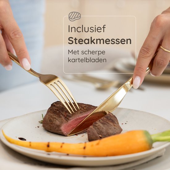 Deleca 6 Personen Luxus-Edelstahl-Besteck-Set Amor (36 Teile) - Löffel, Messer, Gabeln, Steakmesser & Kuchengabeln - spülmaschinenfest - Gold-Design-Besteck - 18/0 Edelstahl