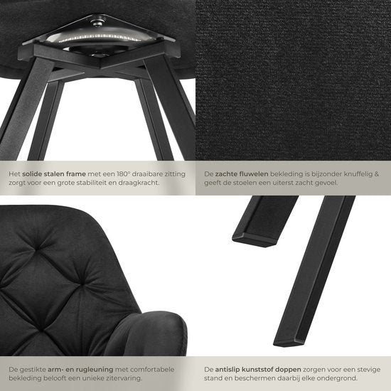 tectake - Drehstuhl in Samtoptik - Esszimmerstuhl mit Armlehnen - Ergonomischer Sitz und Rückenlehne - 180-Grad-Drehung - Moderner Stuhl mit Stahlbeinen - Verschiedene Farben - Schwarz