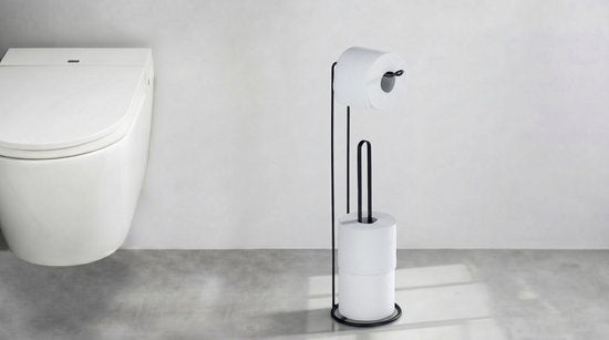 WENKO 2-in-1-Toilettenpapierhalter „Lugano“ in mattschwarzem Stahl – Halter für Ersatzrolle – Freistehender Toilettenpapierhalter – Stehender WC-Papierhalter – Schwarz