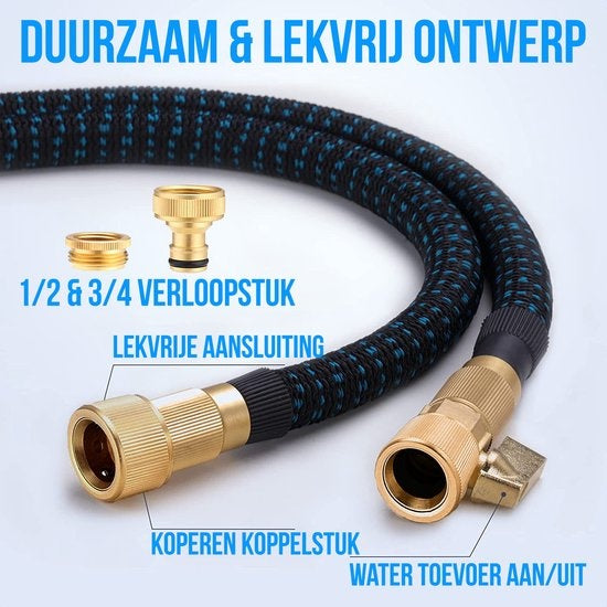 Strex - Gartenschlauch - 30m - mit Sprinklerkopf - inkl. Kupplungen, Aufhängehaken & Aufbewahrungstasche - Schwarz/Blau