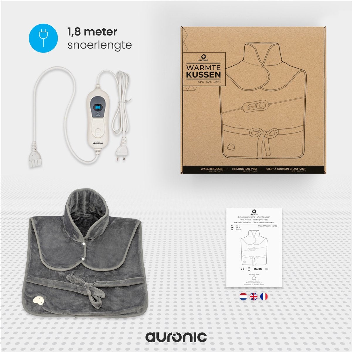Auronic - Heizkissen - 3 Wärmestufen - Überhitzungsschutz - Waschbar - Grau