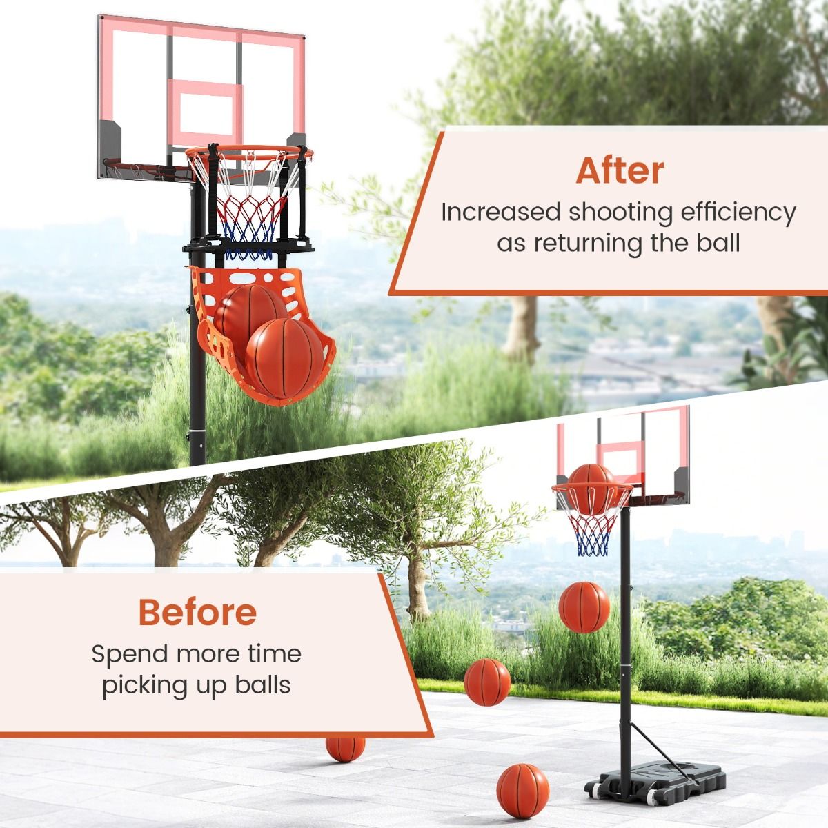 Coast Basketball-Rebounder – um 360 Grad drehbar – einstellbare Rückprallkraft – schwarz und orange