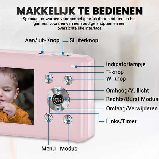 K&L Digitalkamera – Fotokamera – Kompaktkamera – Vlog-Kamera – Für Kinder – Inklusive 32 GB – Rosa