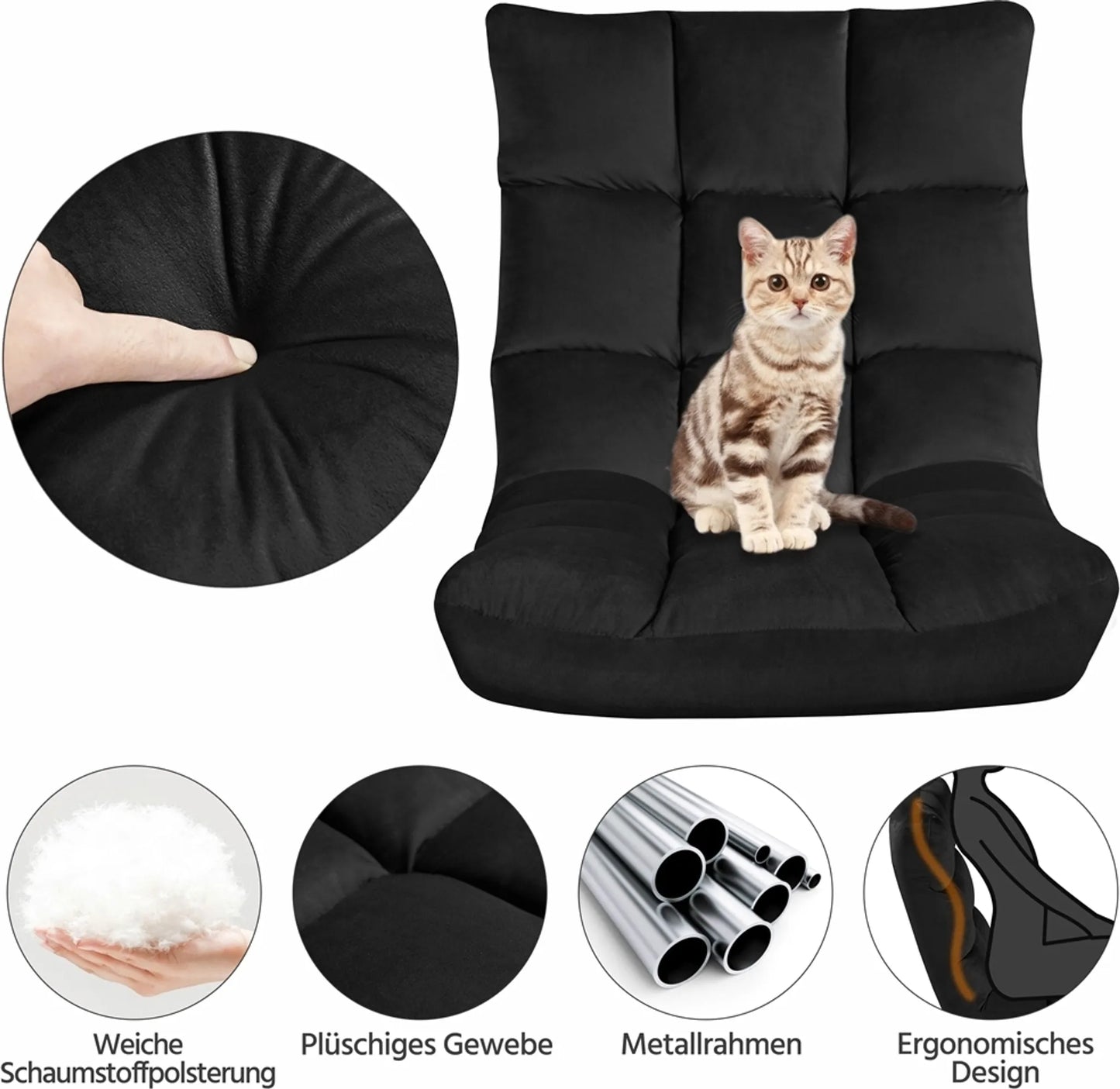 Yaheetech Boden Stuhl enthält 14 verstellbare Ständer - Features High Density Foam und robuste Metallrahmen und weichen Plüsch Stoff - für Wohnzimmer und Spielzimmer - Schwarz Polyester - 111,5 x 53 x 14 cm