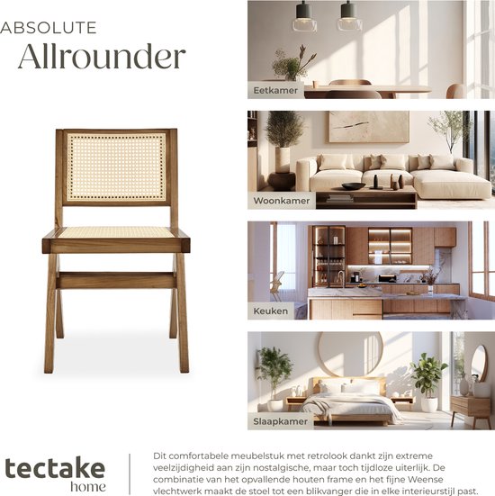 Tectake® Holzstuhl Lizzy - Eiche hell - Mit Wiener Geflecht - Massivholzgestell - Belastbarkeit 120 kg - Braun/Beige