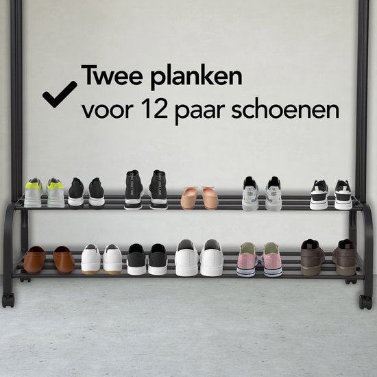 Brixy Kleiderständer - Kleiderständer doppelt - Garderobenständer auf Rädern - Kleiderständer mit Schuhregal - 98 x 34 x 159 cm - Schwarz