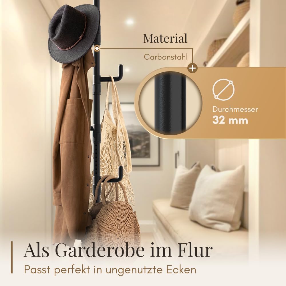 LOBUX® - Garderobenständer ausziehbar, 5 Haken [schwarz, 110-310cm] - Teleskopgarderobe stabil - Garderobenständer platzsparend, Metall - Dienerschaftständer Schlafzimmer - Flurgarderobe - Kleiderständer Balkon