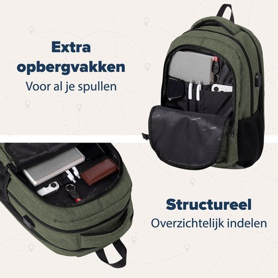 TRVLMORE Rucksack - 28L - 15.6 Zoll - Laptop-Rucksack - Schultasche - Unisex - Spritzwassergeschützt Grün