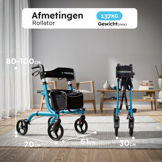 Medzone Rollator leicht und faltbar - Sitzfunktion - für drinnen und draußen - Rückenlehne und Gehstockhalterung - blau