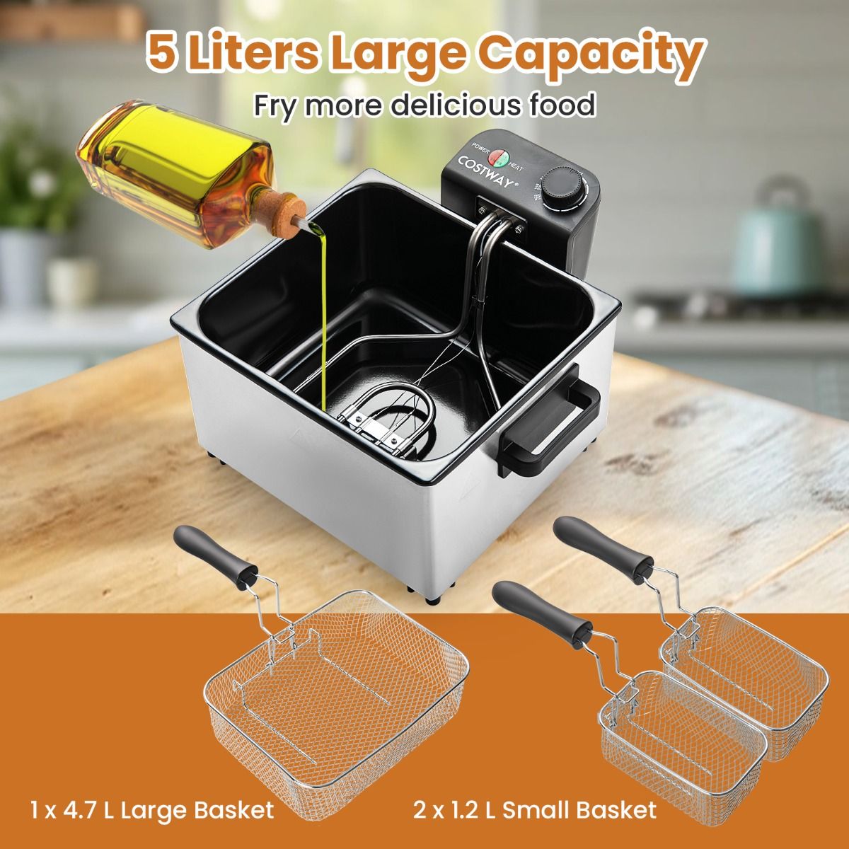 Coast Elektrische Fritteuse – 5 Liter – 3 Frittierkörbe – einstellbare Temperatur – silber und schwarz