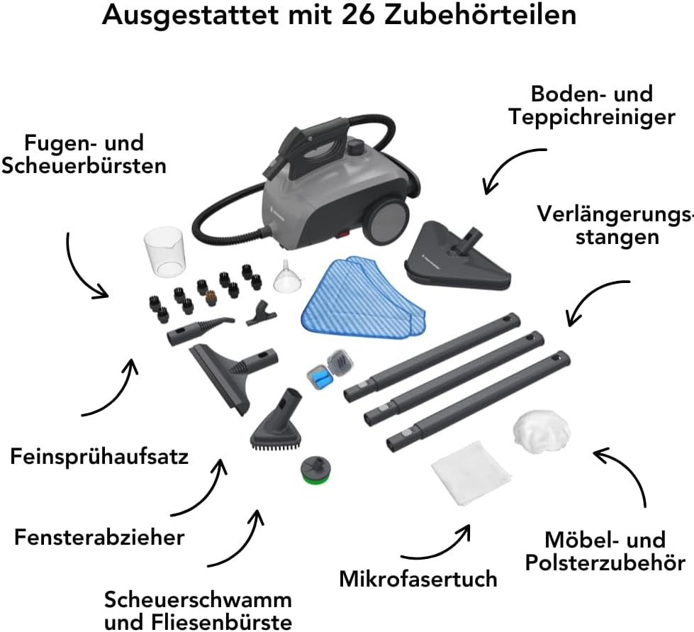 Techweise - TS1 Dampfreiniger (21 Zubehörteile) - 1500W, 45 Min Dampfzeit, 3.6 Bar Druck, 100°C - 40 x 28.2 x 33.5 cm - Kunststoff/Metall - Grau/Schwarz