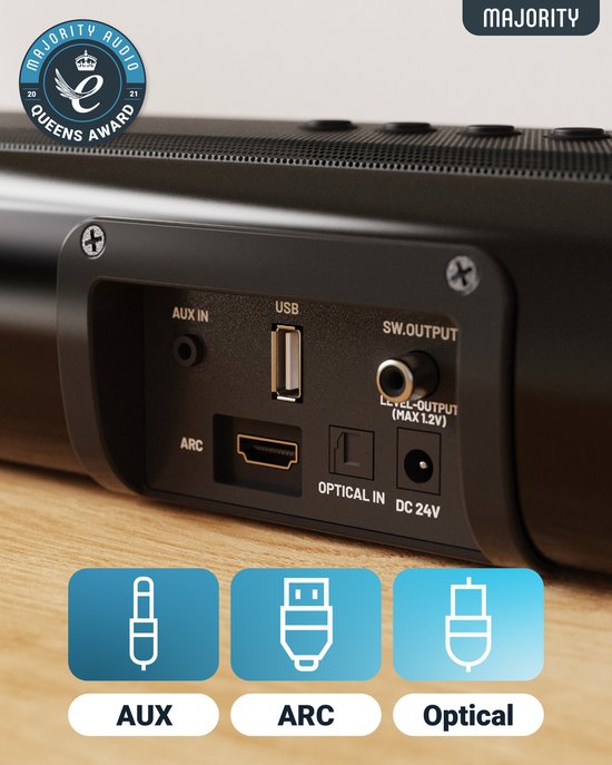 Majority Naga 60 Soundbar für TV - Inklusive Soundbar-Halterung - Mit eingebautem Subwoofer - Bluetooth 5.0, HDMI ARC, optischer und AUX-Anschluss - 2.1 Surround Sound - Fernbedienung - schwarz