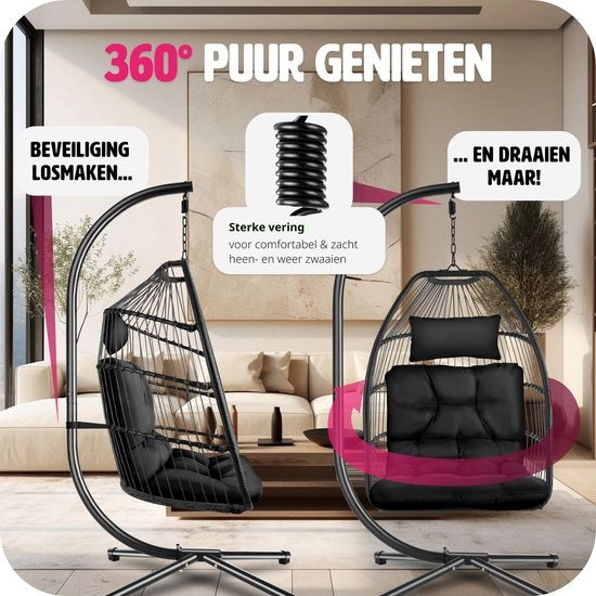 tectake - Hängesessel Ariane mit Ständer und Kissen 160kg - schwarz - 404981