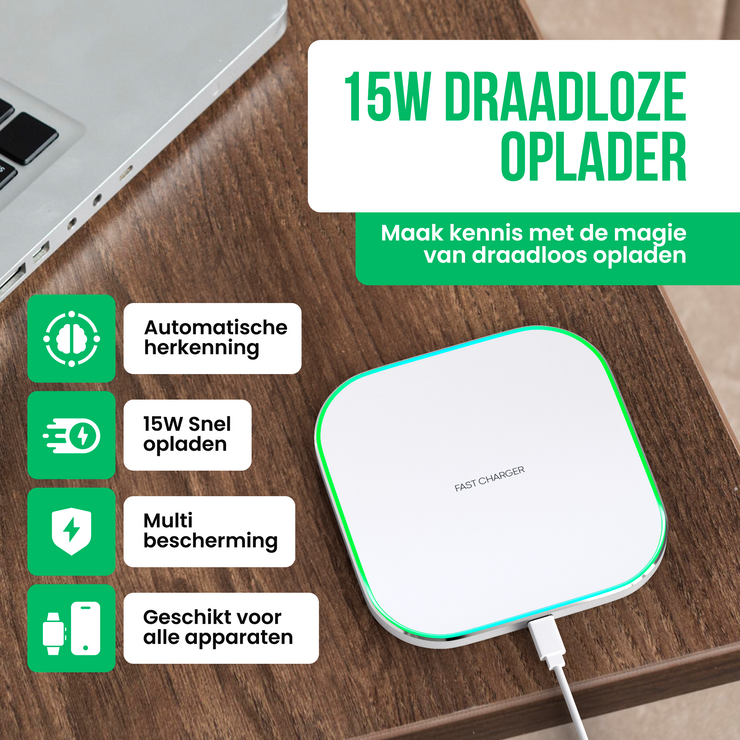 Strex Wireless Charger 15W - Inklusive Kabel - QI-Schnellladegerät - Wireless Charger - Schnellladegerät - LED-Anzeige - Weiß
