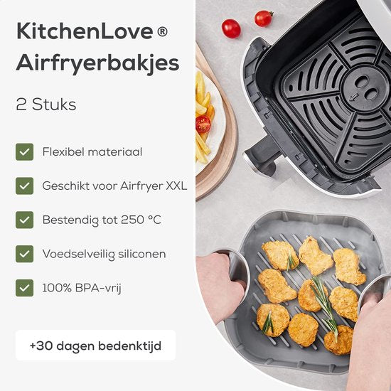 KitchenLove Airfryer Tabletts Silikon XXL - 2 Stück - Quadratisch - Backpapier Alternative - Zubehör - BPA frei - 20CM
