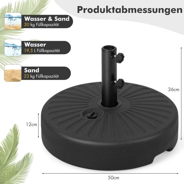 Coast Sonnenschirmständer, befüllbar, 19,5 l – Sonnenschirmständer für Ø 38/48 mm – Befüllbar mit Wasser oder Sand – Schwarz