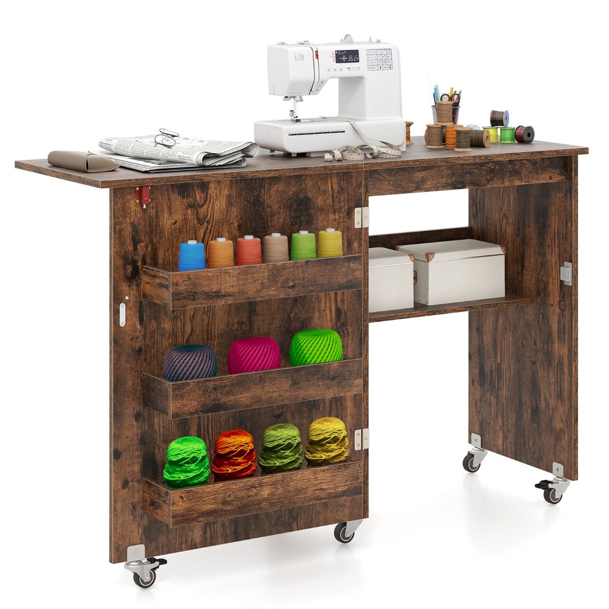 Coast Klappbarer Näh-Tisch – Mobile Bastelstation – Mit Ablagegestell und versteckten Staufächern – Grün 118,5 x 40 x 79,5 cm