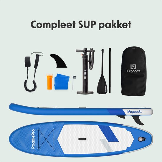 LifeGoods SUP Board All-round Compact - 100 KG Belastbarkeit - Aufblasbar - Komplettes SUP Paket - Blau