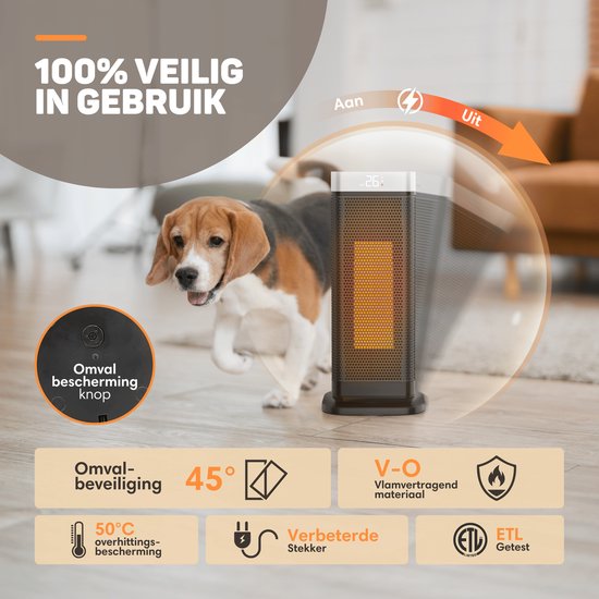 Vulpes Goods® Tech - Elektroherd - Heizlüfter - Keramischer Herd - 4 Stufen - 2000W - Timer, Fernbedienung & Thermostat - Heizung - Elektroheizung für Innenräume - Schwarz