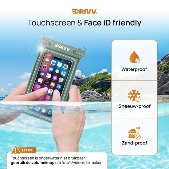 Drivv. Wasserdichte Luxus-Telefonhülle - schwimmend - Doppel-Clip-Verschluss - Telefone bis zu 6,8 Zoll - Unterwasser-Telefonhülle - Army Green